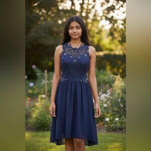 City Studio Navy Lace Rhinestone Illusion Neck Fit Flare Dress Size 9